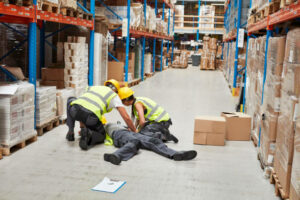 Female-lying-on-the-floor.-Accident-in-warehouse.